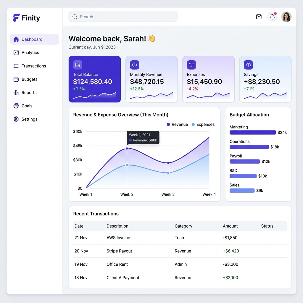 Modern finance dashboard interface