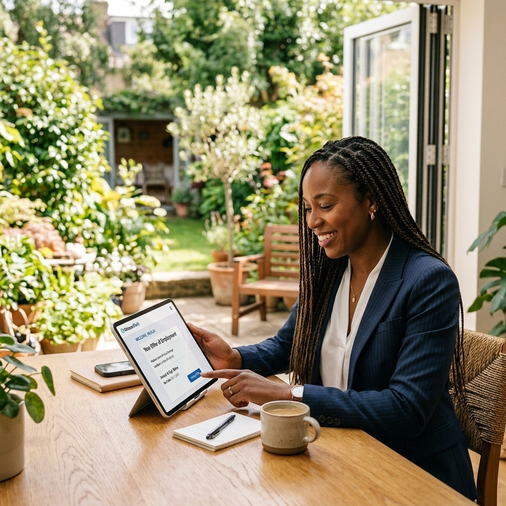 HR professional reviewing a hiring offer on a tablet